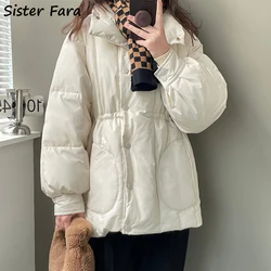 Sister Fara Winter Stand Collar Down Cotton Coat Women Thick Warm Drawstring Down Jacket Coat Female Single-breasted Cotton Coat
