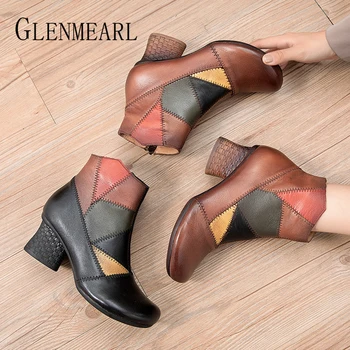 

Genuine Leather Women Boots Cowhide Round Toe Color Matching Female Boot Retro College Style Thick Heel Ankle Boots Autumn New