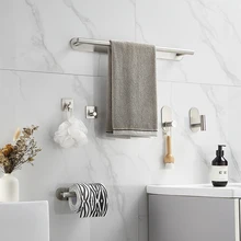 6Pcs Bathroom Storage Holder Self-adhesive Towel Bar with Toilet Paper Holder Wall Mounted Rack Stainless Steel Towel Organizer