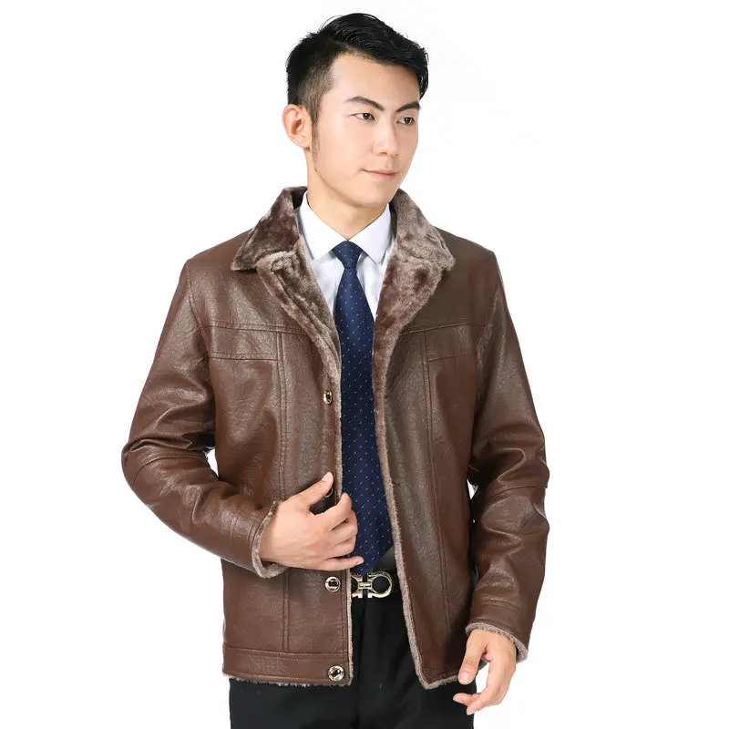 

Men Winter PU Leather Bomber Jackets Black Brown Thicken Woollen Fabric Liner Coats Man Notched Collar Thick Warm Outerwear New