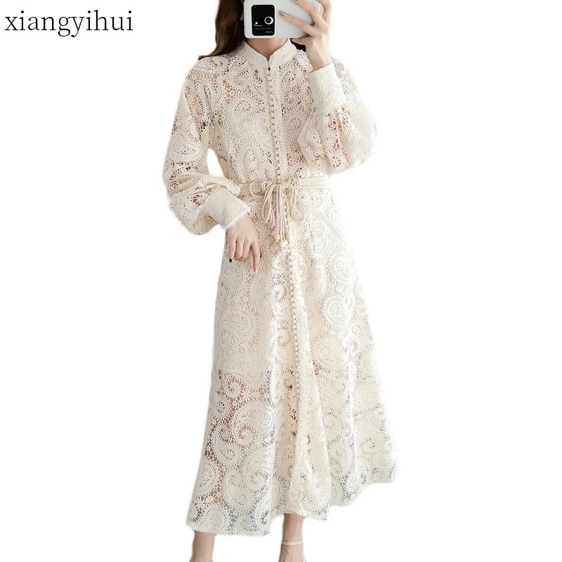 

Solid Lace Long Dresses for Women 2019 Winter Autumn Streetwear Women's Stand Collar Sashes Single Buttons Party Dresses Vestido