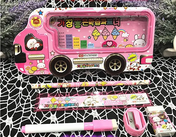 Korean bear pink Милый нарисованный Дораэмон "Человек-паук" пенал для карандашей с карандашом Rulder заточника ластика Набор детских канцелярских принадлежностей на день рождения, подарок, школьные принадлежности - Цвет: Korean bear pink