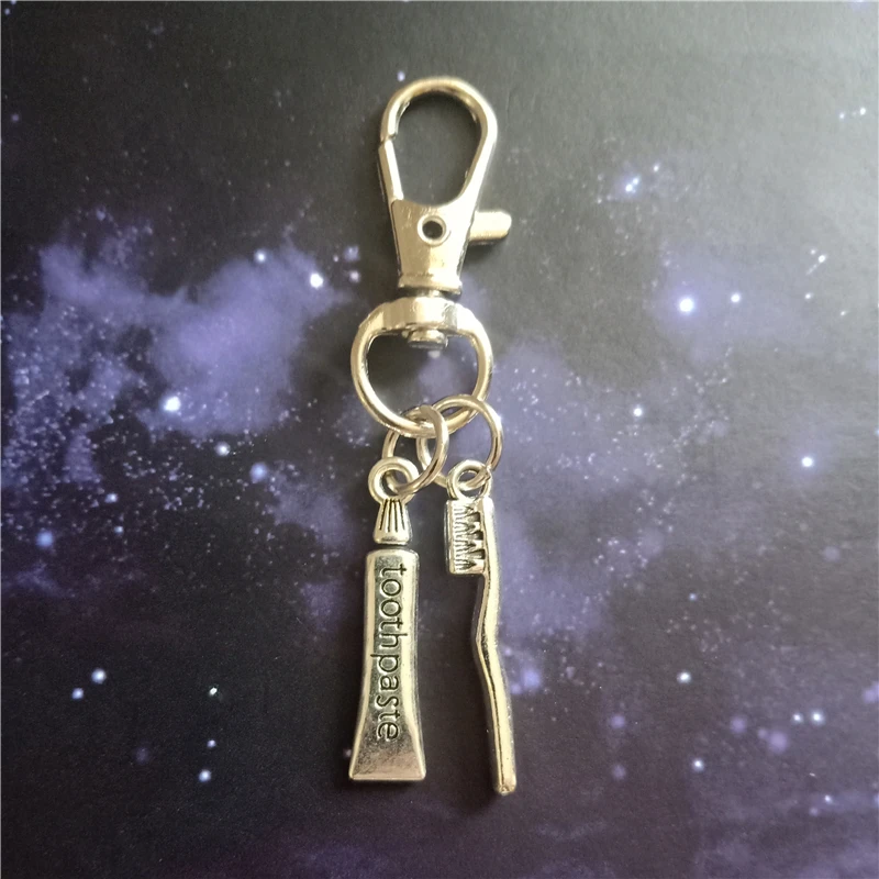 Toothpaste And Toothbrush Keychain, Dentist Jewelry, Antique Silver