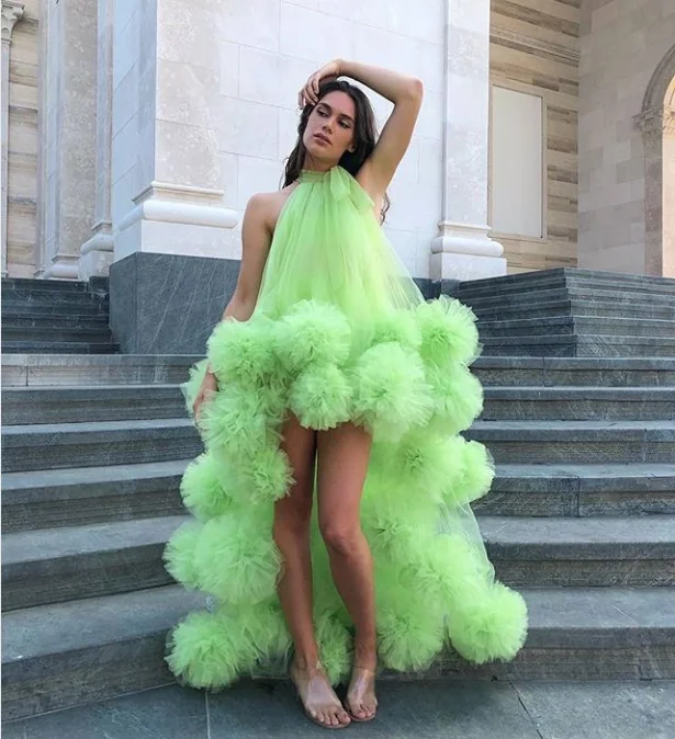 as picture Зеленые платья на выпускной,, тюлевые вечерние платья, Vestido Formatura Robe De Soiree, Холтер на шее, Vestidos De gala - Цвет: as picture