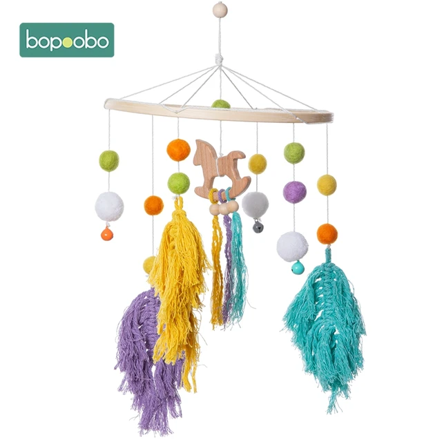 Bopoobo 1set Silicone Beads Baby Mobile Beech Wood Bird Rattles Wool Balls Kid Room Bed Hanging Decor Nursing Children Products Colrful Horse