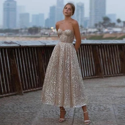 Fivsole New Glitter A Line Short Prom Dress Sweetheart Backless Ankle Length Evening Gowns Shiny 2021 Women Formal Party Dress