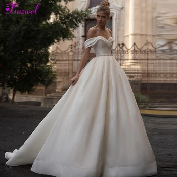 

Fsuzwel Charming Sweetheart Neck Lace Up A-Line Wedding Dresses 2020 Luxury Sashes Beaded Matte Satin Court Train Wedding Gown