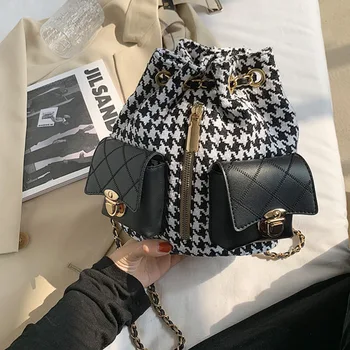 

Houndstooth Backbag Winter 2020 New Large Capacity Chain Women Shoulder Bucket Bag Multifunction Drawstring Bags Factory C005