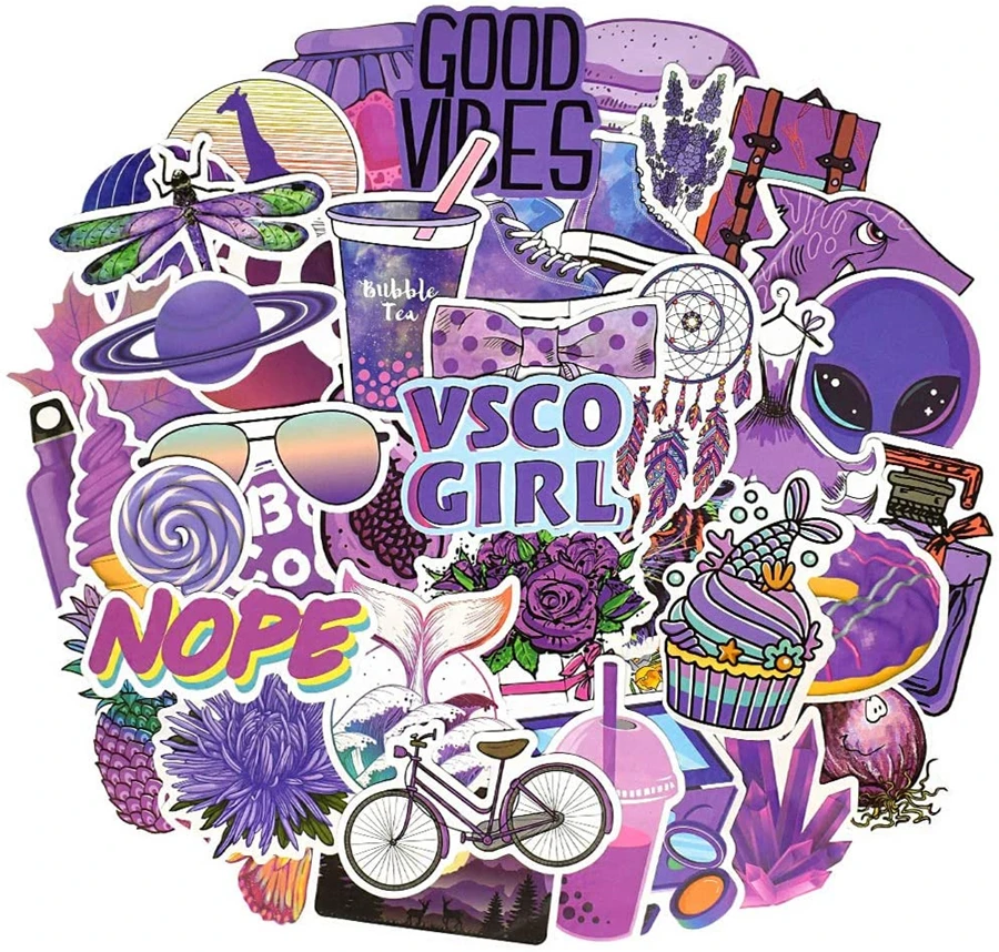 50 PCS Purple VSCO Stickers Waterproof Fashion Girls Stickers for Computer Skateboard Laptop Phone Suitcase Moto Car Decals