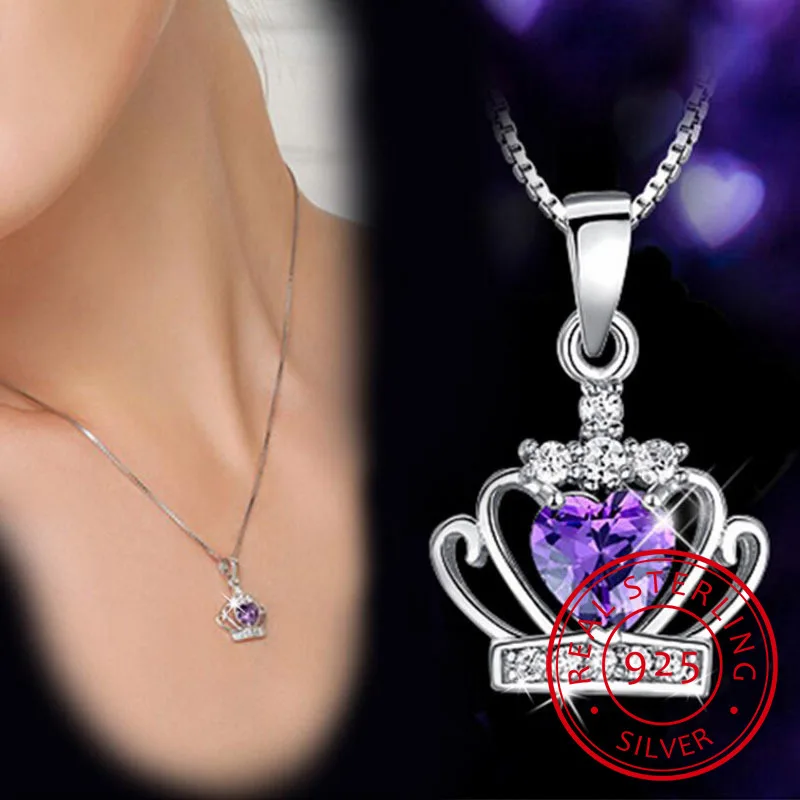 Nastro Dai 925 Sterling Collana Queen Principessa Crystal Crown Zirconia Collana Del Pendente Del Cuore Per Le Donne 45 Centimetri Catena S-N98