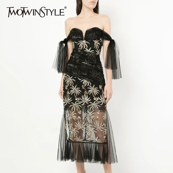 

TWOTWINSTYLE Patchwork Mesh Embroidery Dress For Female Strapless Spaghetti Strap High Waist Ruffle Women's Dresses 2020 Fashion