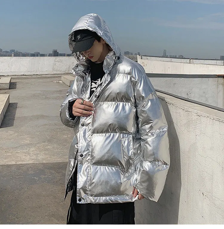 Cotton-padded Jacket New Style Men's Silver Bright Surface Hooded Cotton Coat Men's Popular Brand INS Northeast Cold Nation