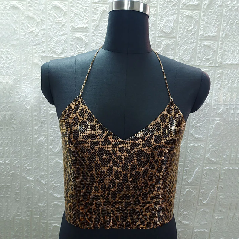 Leopard Gold Модный топ на бретелях с золотыми и серебряными блестками, глубокий v-образный вырез, открытая спина, без рукавов, сексуальные топы с металлическими пайетками, Женская Клубная одежда для вечеринок, шикарные топы - Цвет: Leopard Gold