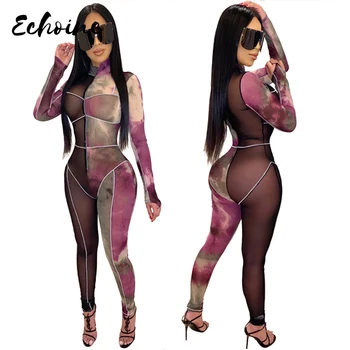 

Autumn Winter Women Colorful Mesh Jumpsuits O Neck Full Sleeve Zipper Sexy Print See Through Night Club Party Outfits One Piece