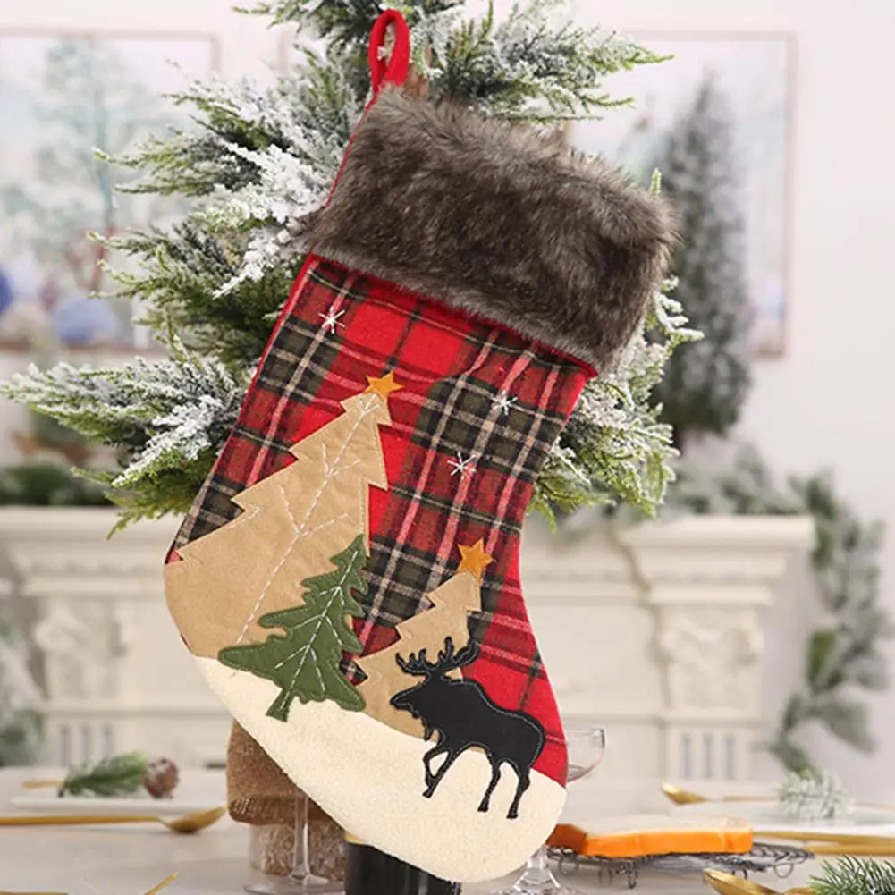 Hot Plaid Xmas Tree Elk Print Stocking Office Non-woven Ornaments Hook Design Hanging Candy Gift Bag Christmas Decoration