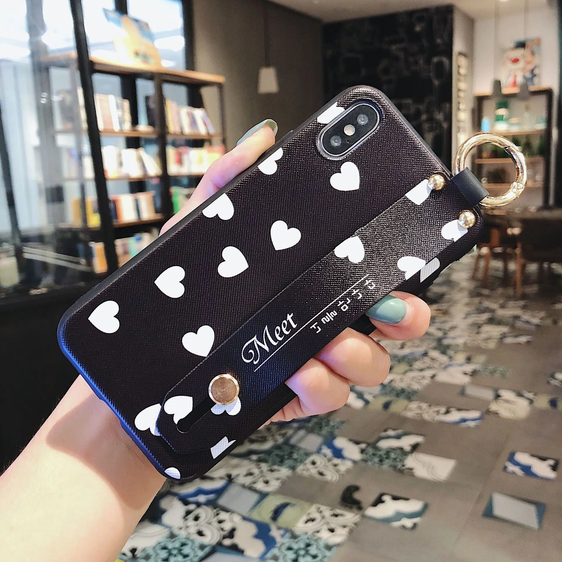 Чехол с ремешком на запястье для Oppo Reno Z 10x R17 Pro R11s R11 R9 R9S Plus R15 Dream Mirror Holder Lanyard Cover - Цвет: Black Love