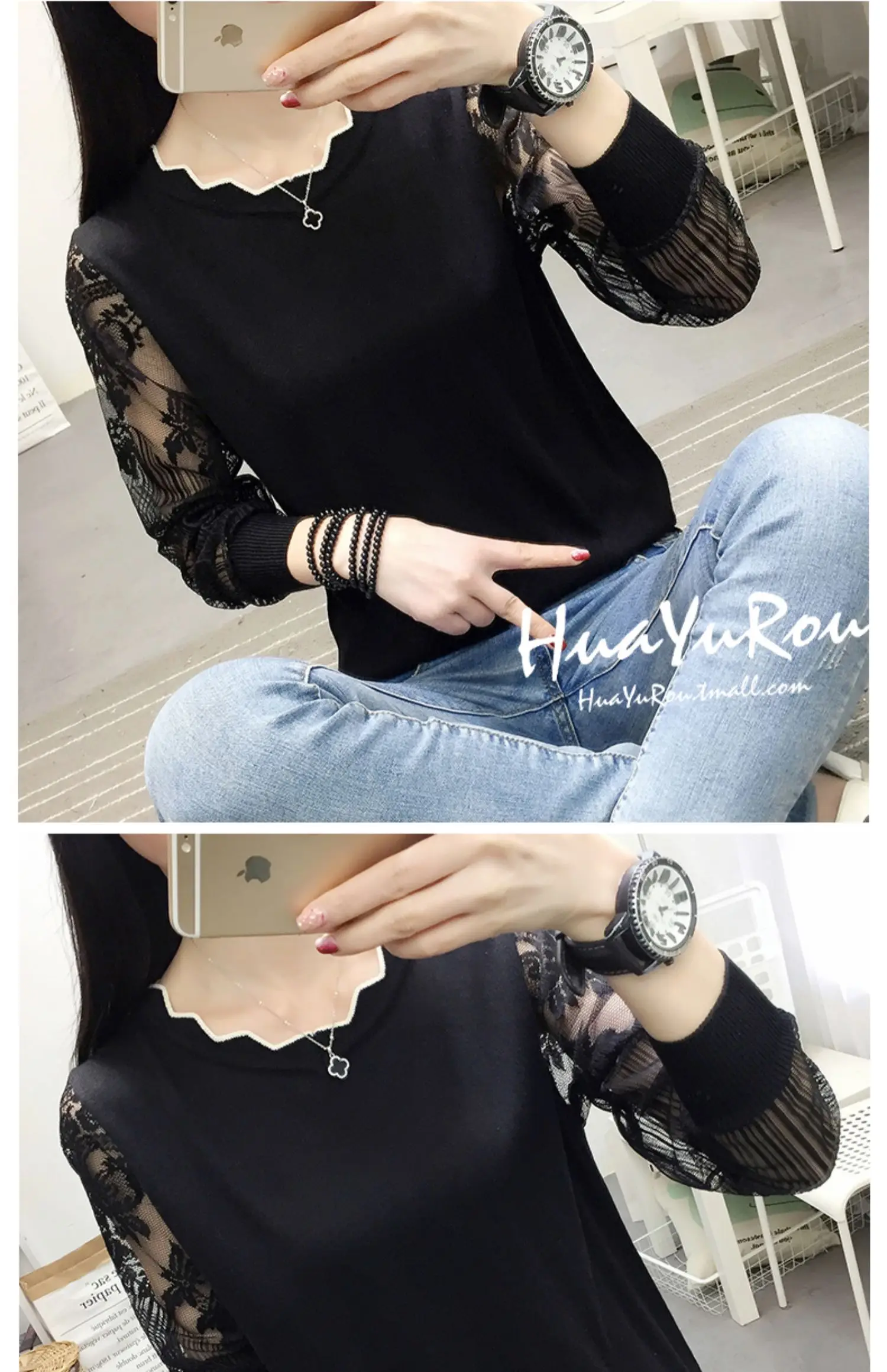 OHCLOTHING, новинка, кружевной свитер, Женская Нижняя блуза с длинным рукавом, свободная Весенняя НОВАЯ тонкая трикотажная блузка, трендовая блузка