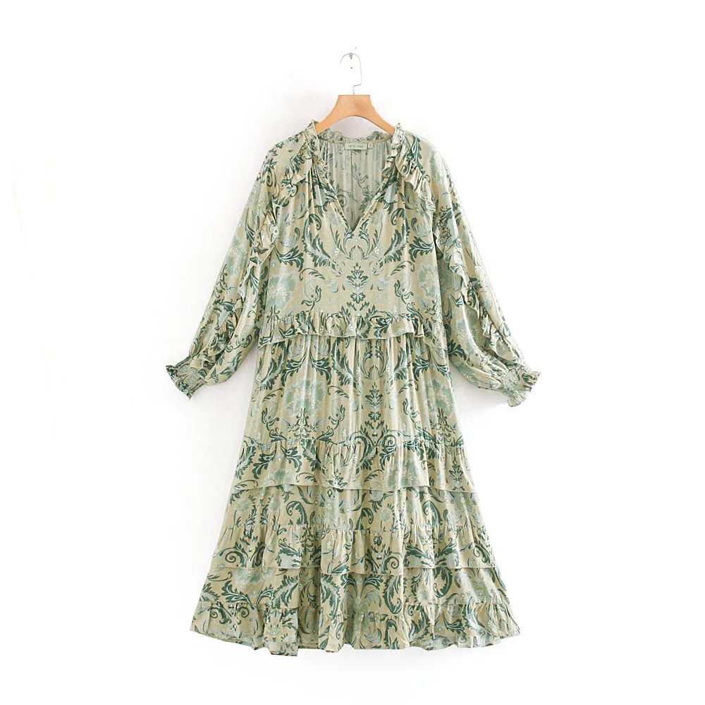 KIYUMI, бохо платье, женское, оборки, подол, вискоза, платье, осень, Vestido, длинный рукав, v-образный вырез, свободные платья, верхняя одежда, Пляжное, Повседневное платье