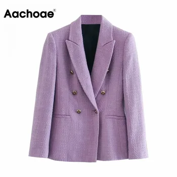 

Aachoae 2020 Fashion Double Breasted Purple Tweed Blazer Women Office Wear Chic Jacket Coat Elegant Long Sleeve Outerwear Tops