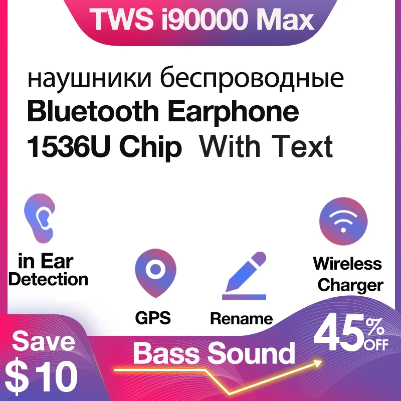 Original i90000 max tws sem fio bluetooth fones de ouvido com texto renomear fones gps 8d super baixo 1536u pk i5000 i50000 i9000 tws
