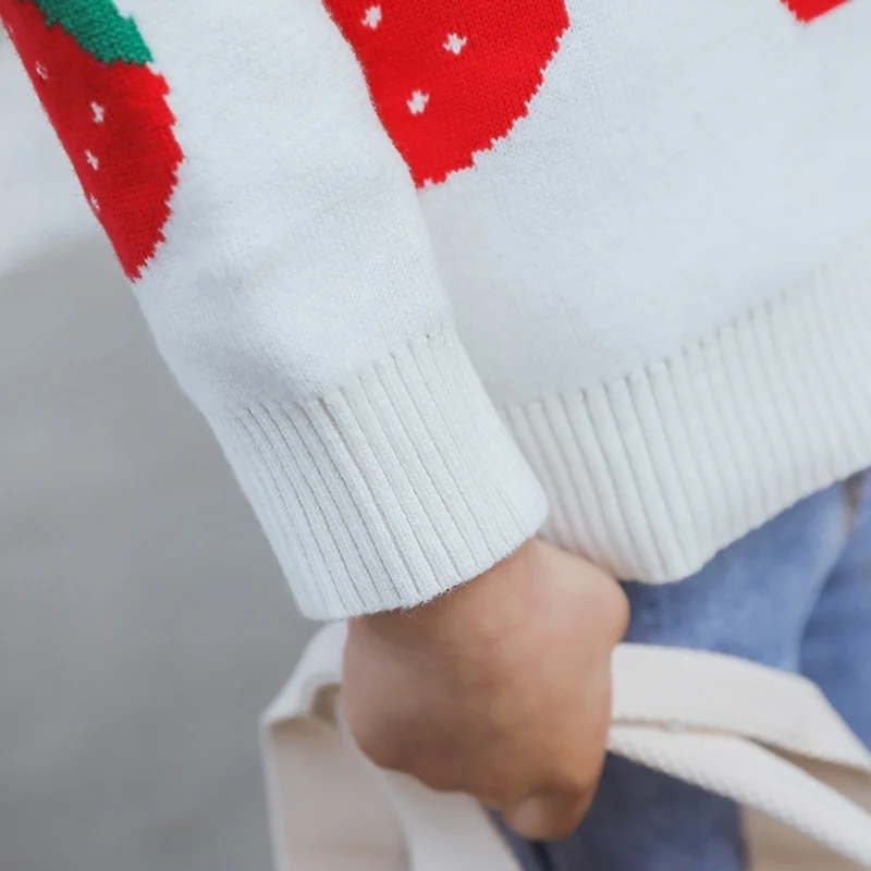Sweater Girls Knit Round Neck Pullover Strawberry Jacquard Princess Bottoming Shirt New New