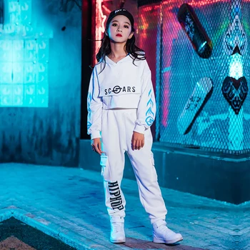 

Girls Hip-Hop Jazz Dance Costume Hooded Sweater White Suit Children'S Street Perform Clothes Sport Wear 110-180cm Height DWY2693