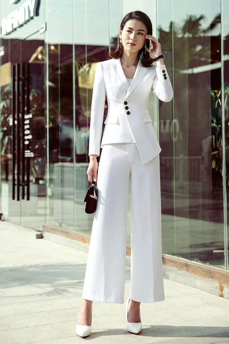 white coat and pant IZICFLY весна осень белый блейзер широкие брюки женские костюмы элегантные тонкие офисные костюмы деловые костюмы с брюками плюс размер - Цвет: white coat and pant