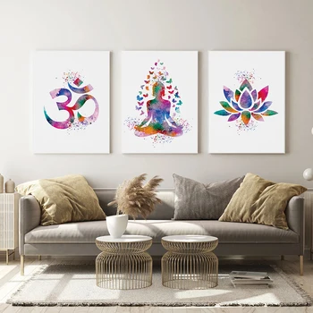 

Yoga Modern Canvas Painting Abstract Buddha Ohm Lotus Flower Symbol Poster Buddhism Prints Poster For Living Room Wall Art Decor