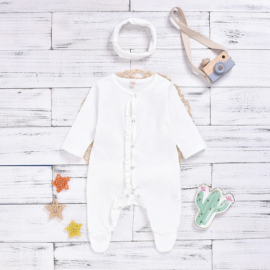 0-12M Newborn baby Baby Footies jumpsuit+ Headdress long sleeves ruffles solid cotton comfortable baby boy girl clothes A1