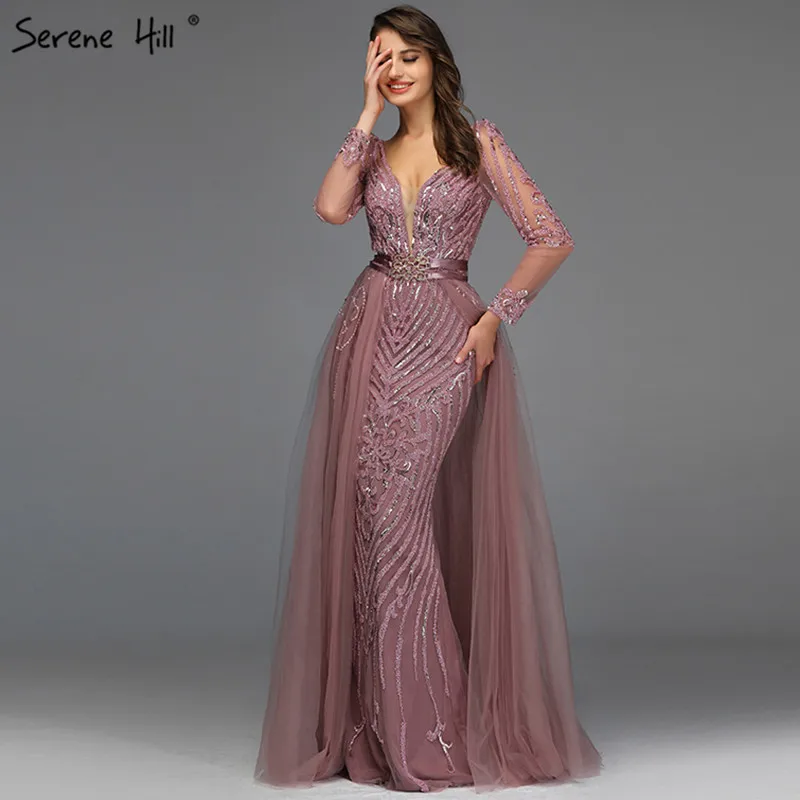 Blue Dubai Luxury Sequined Sparkle Evening Dresses Long Sleeve Beading Evening Gowns Serene Hill Plus Size LA60858
