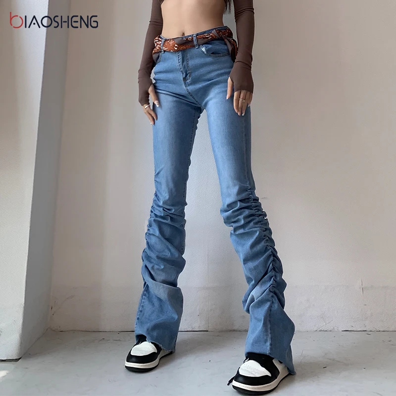 Женские винтажные джинсы с высокой талией Голубые штаны из денима рюшами и