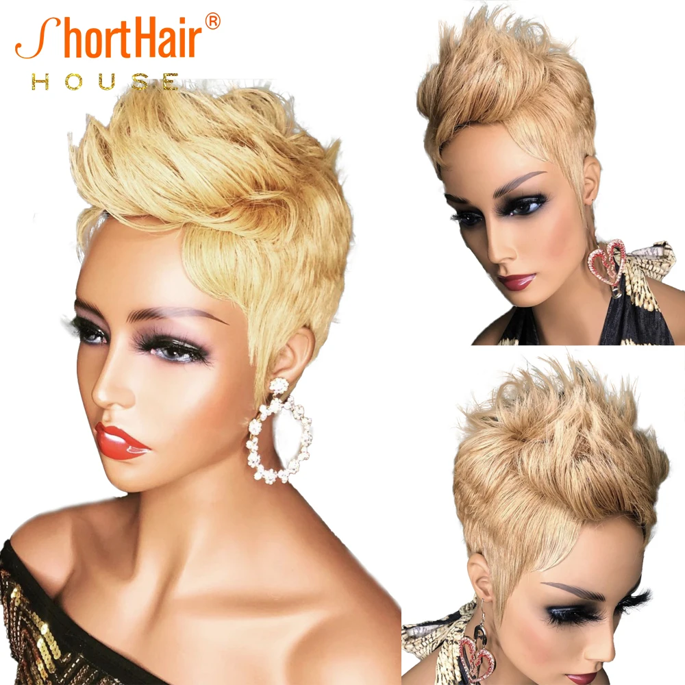 #27 Honey Blonde Pixie Short Cut Bob Wavy Wig 100% Human Hair Wave Wigs For Women Human Hair Wigs Remy Hair Wig Machine Made Wig