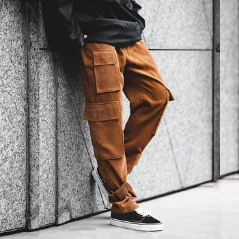 

Corduroy Pants Men's Casual Fashion Loose Patchwork Pockets Overalls Outwork Comfy Wild Male Trousers pantalones hombre