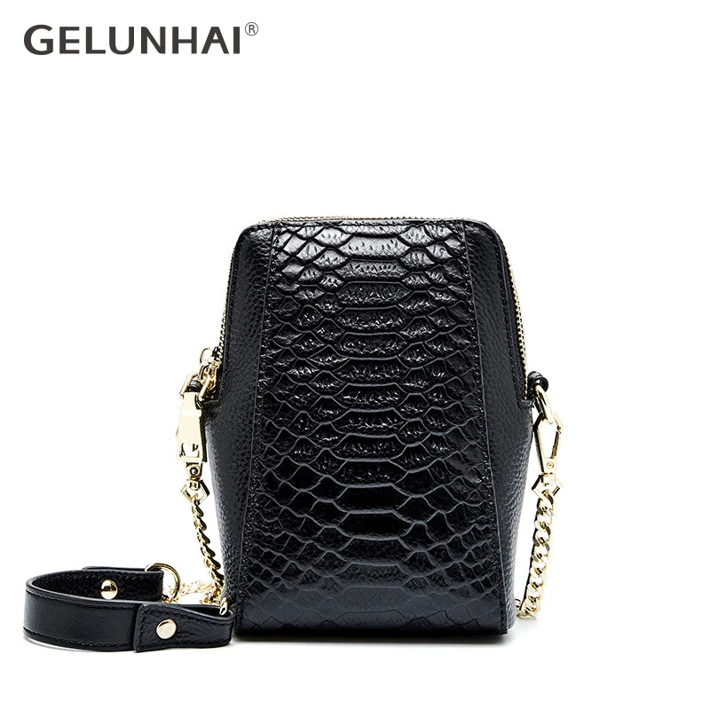 

GELUNHAI 100% Genuine Leather Soft Skin Fashion Women Messenger Bag Alligator Pattern Shoulder Phone Bag Small Flap Chain Strap