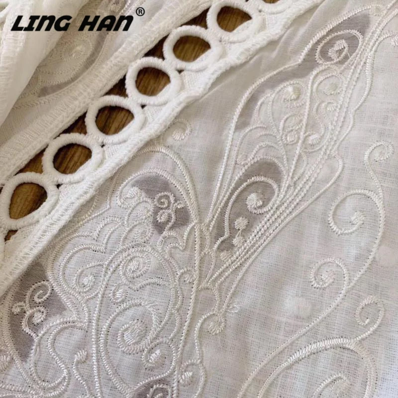 LINGHAN подиумное женское осеннее модное льняное платье дизайнерское с длинным рукавом-фонариком пикантные открытые вечерние платья белого цвета с вышивкой