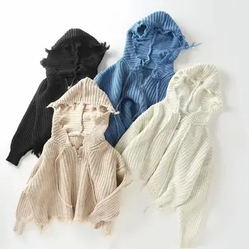 

European and American style autumn and winter new loose comfortable warmth lazy wind zipper tassel knitted jacket