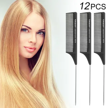 

12PC Plastic Fine-tooth Comb Metal Pin Anti-static Sharp Tail Comb Hair Style Rat Tail Draw Point Carbon Fiber Comb Hair Styling