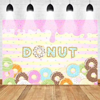 

Neoback Donut Theme Party Photo Backdrop Kids Celebration Birthday Background Chocolate Pink Stripes Dessert Shop Banner