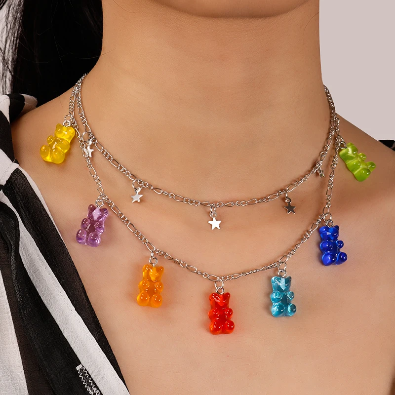 Candy Color Stars Hearts Gummy Mini Bear Chain Necklaces for Women Cute Crtoon Animal Pendants Jewelry Femme Bijoux Collare