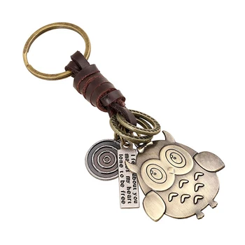 

New Retro Braided Leather Brass Color Metal Owl Pendant Keychain Backpack Key Chain Accessories Keyring Jewelry Woman Man Gifts