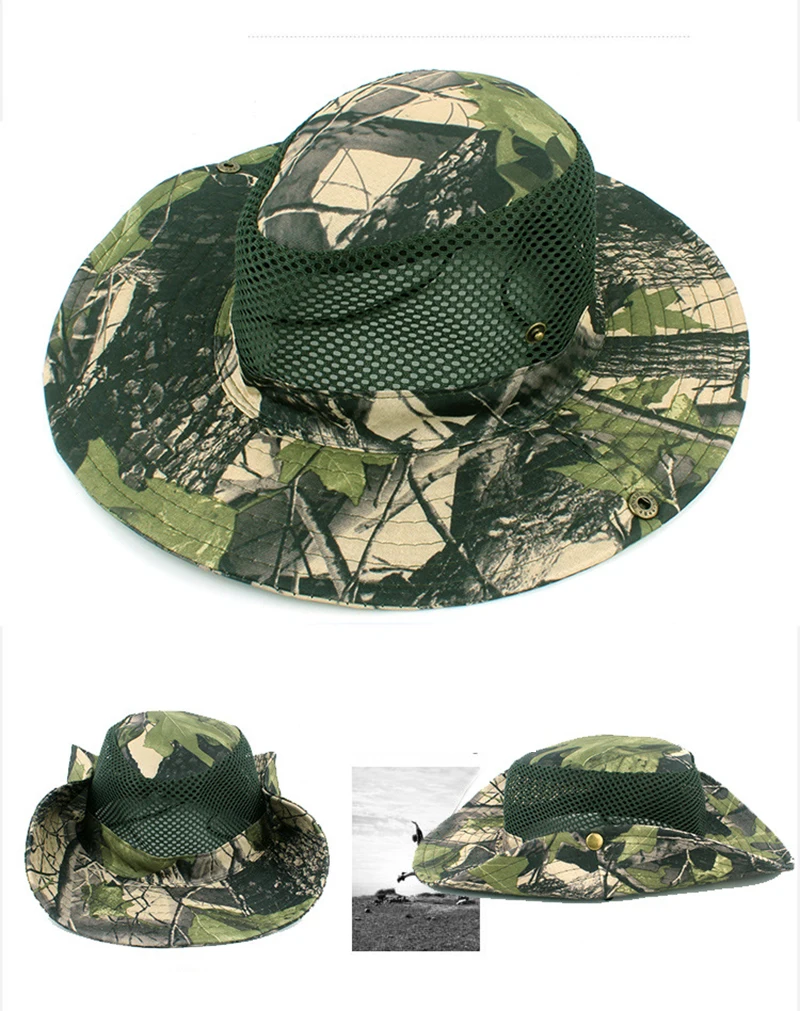 Leaves Printed Camouflage Mesh Patchwork Fishing Hat Outdoor Jungle Sniper Army Hunting Cap Breathable Fisherman Boonie Hats