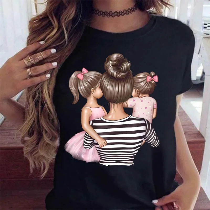 Women Clothing Cartoon Family Happy Time Mama Mom Mother Short Sleeve Clothes Print Tshirt Female Tee Top Graphic Black T-shirt vintage tees Tees