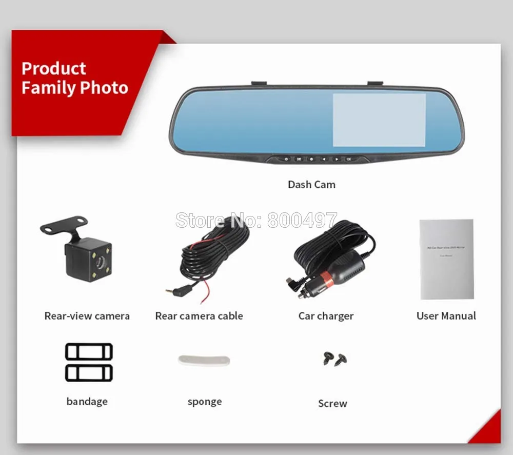 Car DVR HD 1080P 4.3" Wide Angle IPS Rear View Mirror Camera Video Recorder Dual Lens G-Sensor Parking Motion Detection Dash Cam