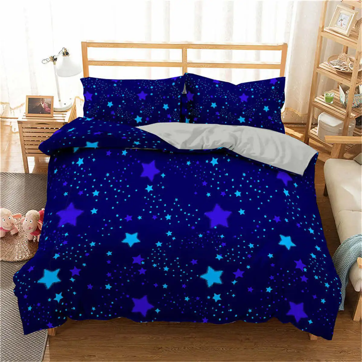 Домашний Комплект постельного белья с 3D принтом Галактики, синий, звездное небо, пододеяльник, постельное белье, полный комплект постельного белья для королевы