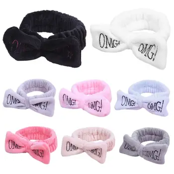 

Women Women Girls SPA Wide Headband Cute Bowknot OMG Letters Embroidered Hairband Elastic Makeup Flannel Turban Candy Color 8