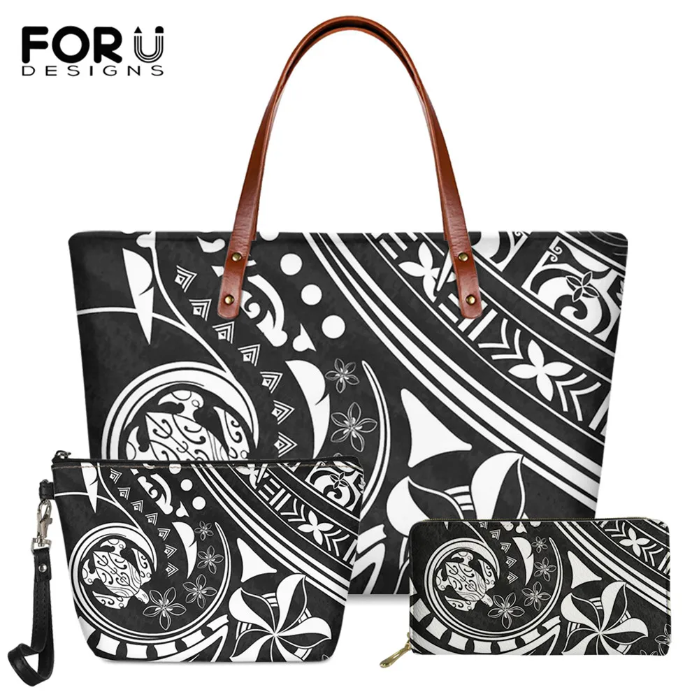 

FORUDESIGNS Tattoo Hibiscus Turtle Printed Brand Design 3pcs/set Luxury Women Large Capacity Shoulder Bag Female Long PU Wallet