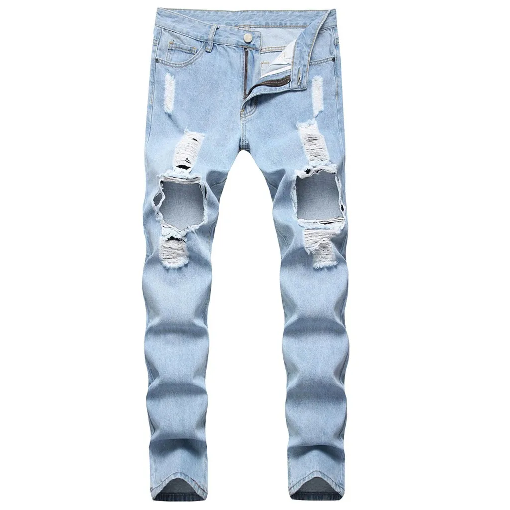 Light blue Мужские стрейч отверстие случайные тонкие пот брюки джинсовые брюки-карандаш брюки - Цвет: Light blue
