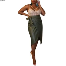 CM. YAYA Новая зимняя Женская юбка, одноцветная юбка с высокой талией из искусственной кожи, сексуальная юбка до колен с поясом, одежда для ночного клуба F8251