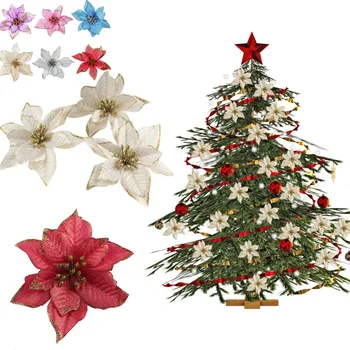 

100pcs Big Flower Head Glitter Artificial Silk Flower Christmas Tree Ornament DIY Christmas Decoration New Year Decor Navidad