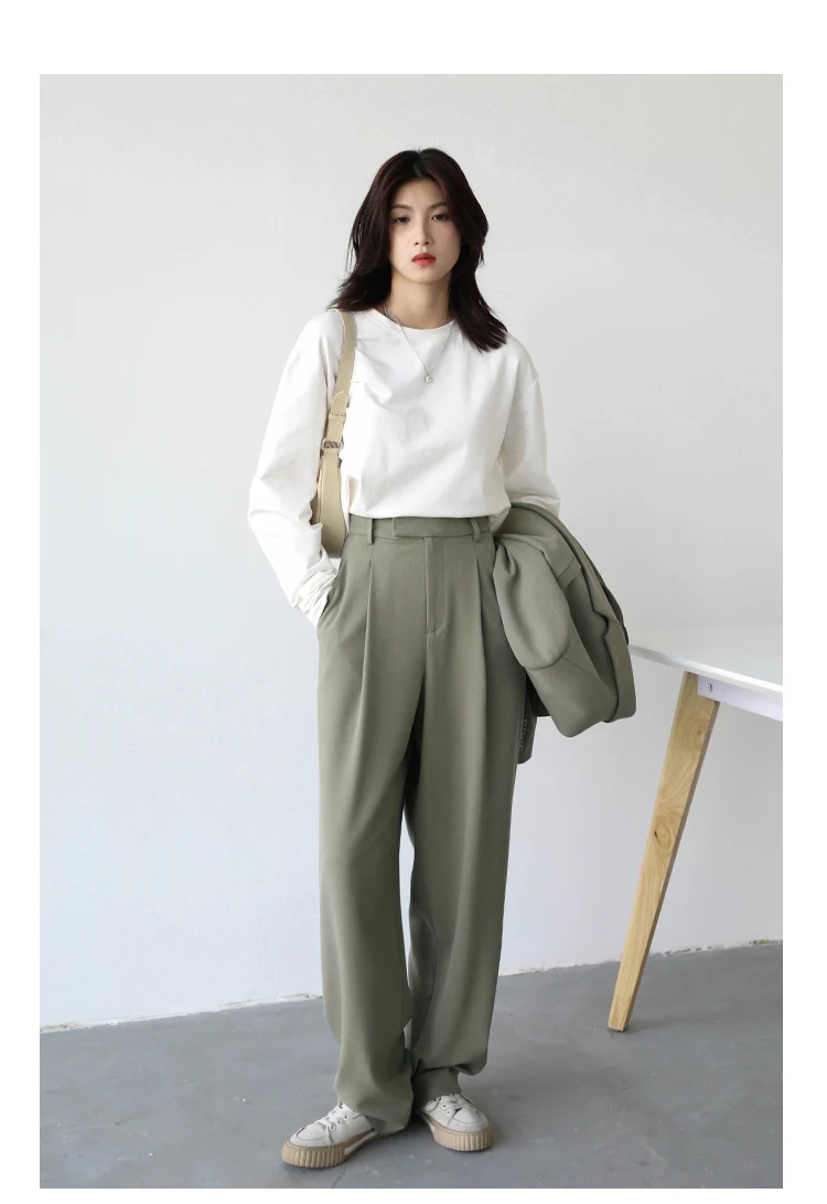Twill Suit Pants  Women’s Simple Casual Wide Leg Straight Floor Office Ladies Female Plus size womens Trousers Workwear for Woman in Green